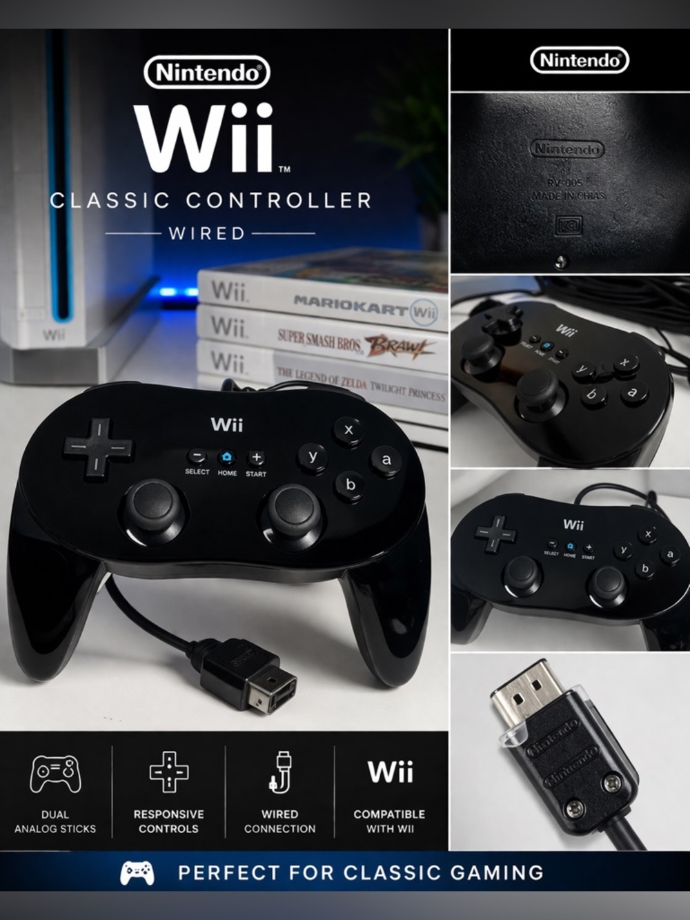 Nintendo Wii Classic Controller Black Wired